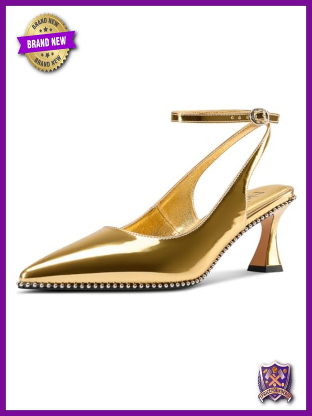 Slingback Kitten Heels Pumps Beaded Pointed Toe Ankle Strap Dress Shoes 2.6in
